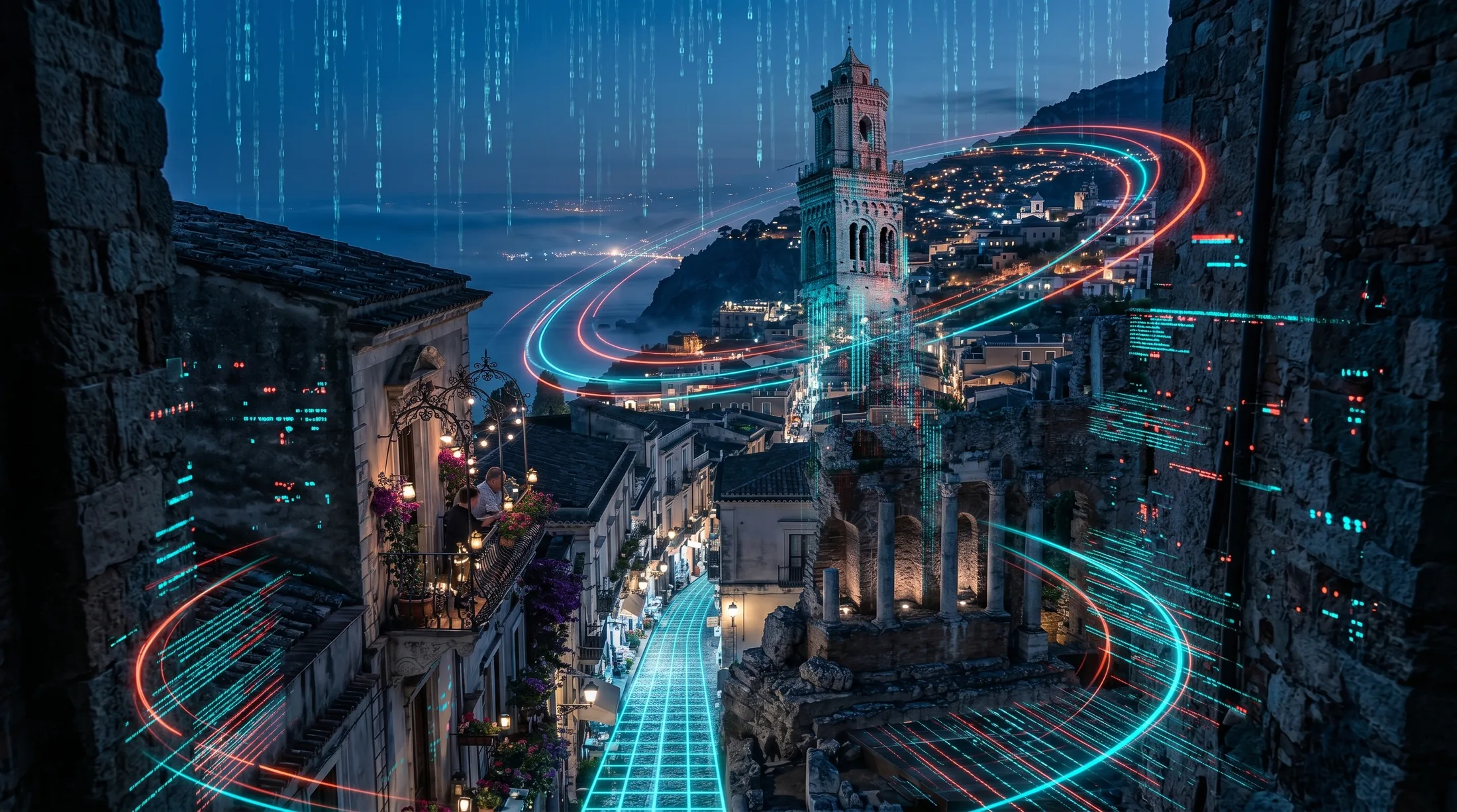 Paesaggio italiano notturno con movimento digitale